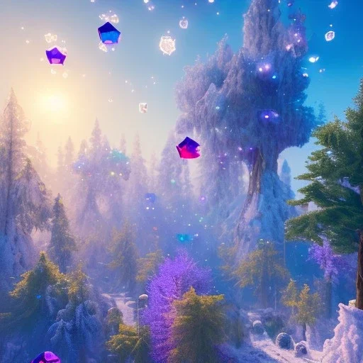 blu and violet landsacape with multicolored crystals falling from the sky, full of details, smooth, bright sunshine，soft light atmosphere, light effect，vaporwave colorful, concept art, smooth, extremely sharp detail, finely tuned detail, ultra high definition, 8 k, unreal engine 5, ultra sharp focus white hairs