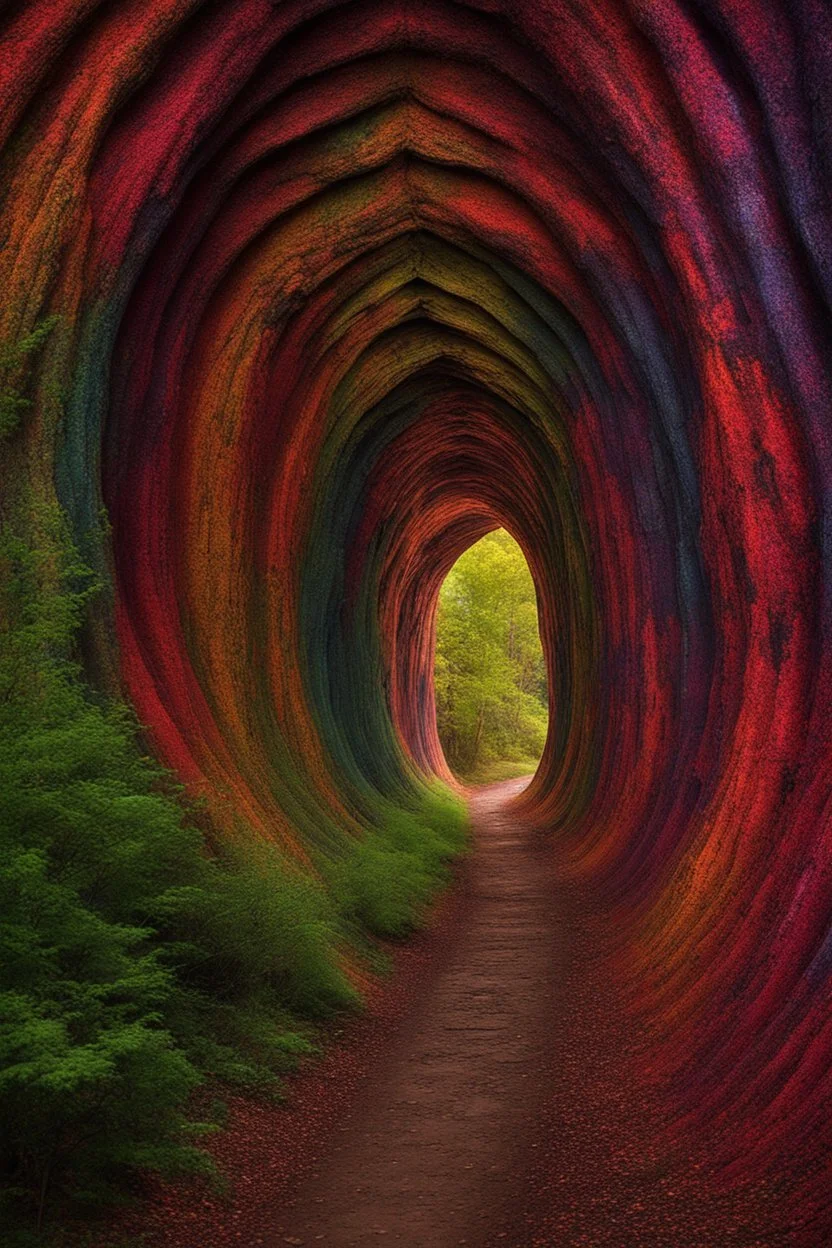 In the heart of an untouched 8K high-definition primeval forest, a mesmerizing kaleidoscope of colors unfolds within a timeless tunnel, creating a vivid gateway to another dimension. The rich hues of nature paint the scene, as if time itself is woven into the very fabric of the lush surroundings.