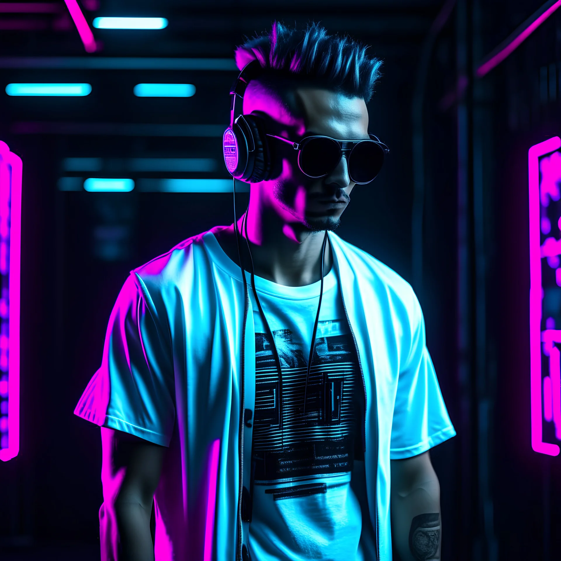 Cyberpunk hacker with a white shirt