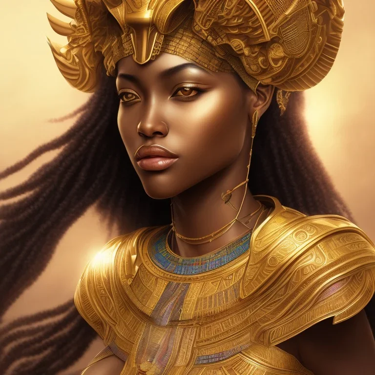 young african woman, short dark hair with golden highlights, ancient ((Egypt)),whole body, ancient armor, lion, golden jewelry, kente, flames as clouds, magnificent, majestic, highly intricate, incredibly detailed, ultra high resolution, complex 3d render,