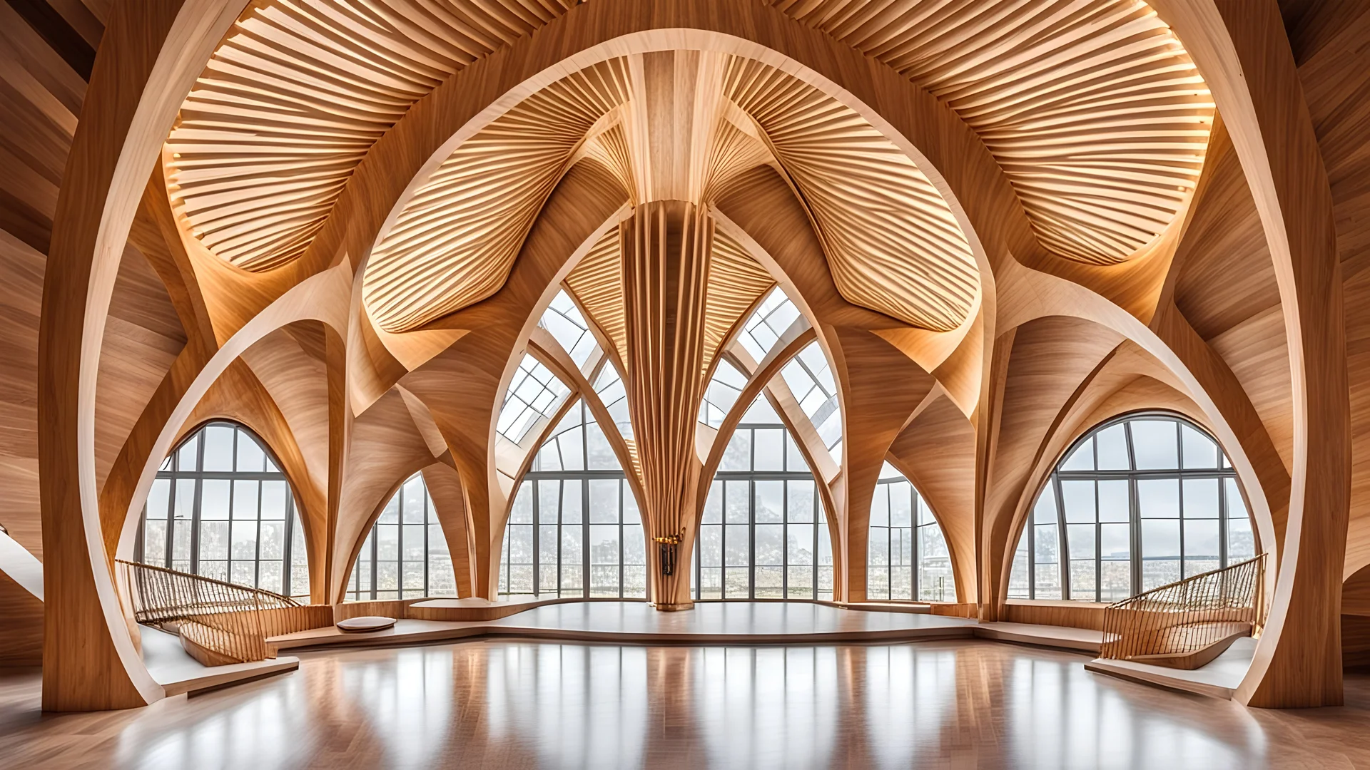 2060 Vista desde el interior de un hermoso e inspirador edificio curvo simétrico construido con elegantes y delgadas vigas de madera entrelazadas, con forma de elegantes parábolas, espirales doradas y círculos. Increíble arquitectura totalmente simétrica, grandes ventanales, ubicación en el campo, noche, estrellas, luciérnagas, montañas distantes, lago, luz natural suave y perfecta, fotografía extremadamente detallada y premiada, hermosa composición, 16k, HDR, enfoque nítido, obra maestra