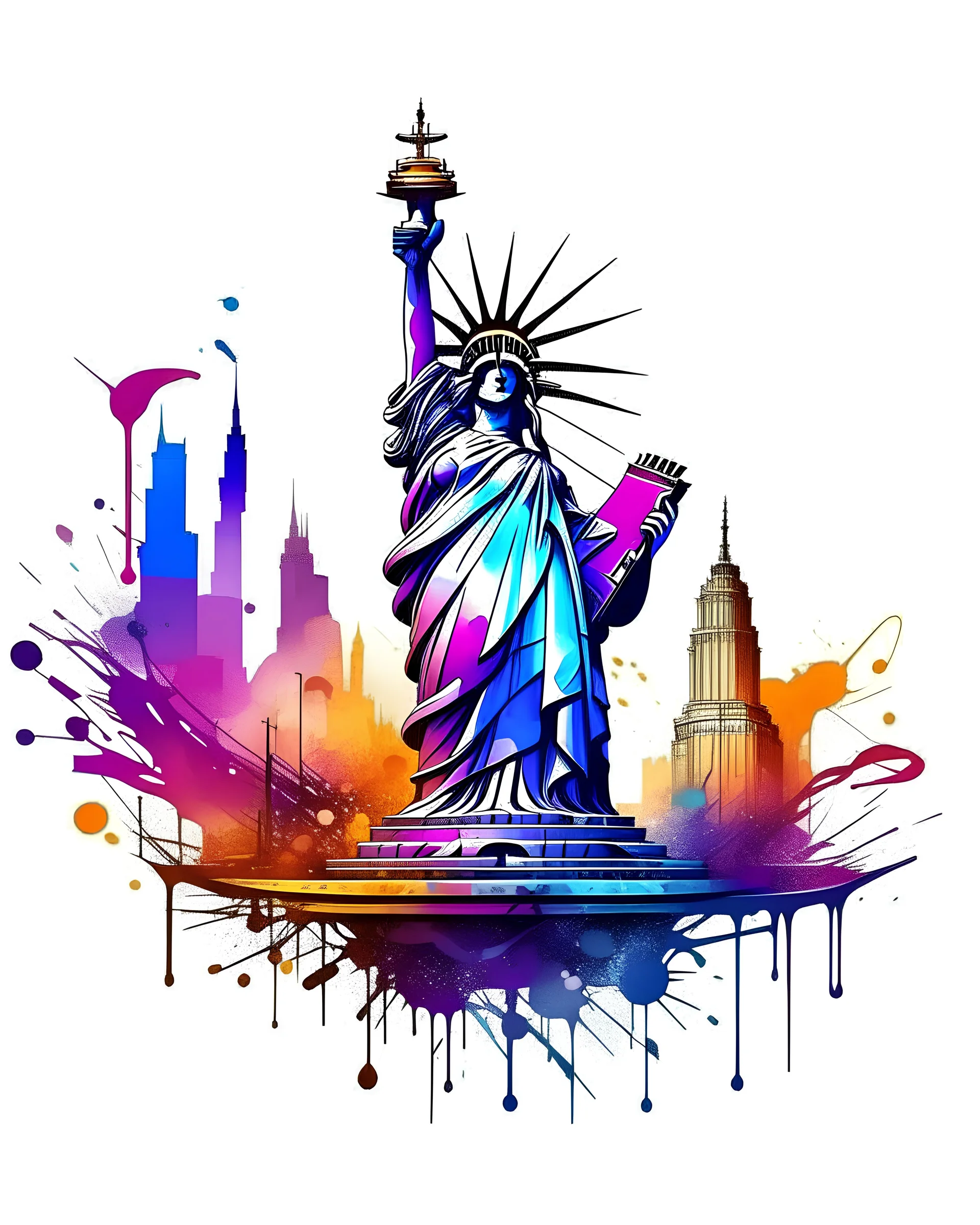 logo on transparent background paper, chromatic, zoom, sharp, realistic, splash of colors on a white background, a detailed golden purple sunset fire style, detailed realistic earth, statue of Liberty new york with light blue water, graffiti elements, powerful zen composition, dripping technique, & the artist has used bright, clean elegant, with blunt brown, 4k, detailed –n 9, ink flourishes, liquid fire, clean white background, zoom in, close-up, make it as a sticker