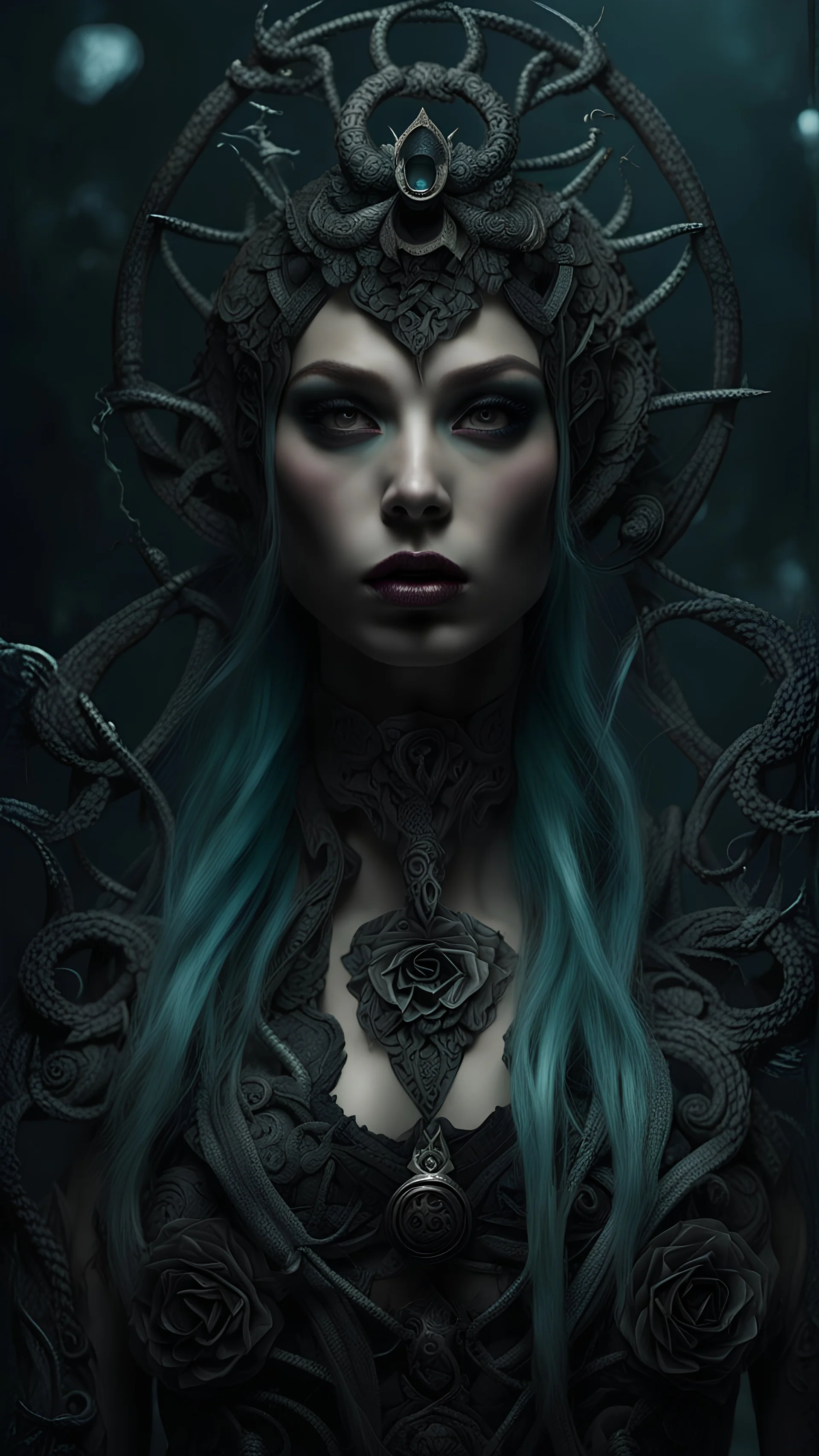 dark fantasy, siren, tattoed, full body to knees intricate details, insane details, volumetric lighting, ominous atmosphere, ominus lights, spectral atmosphere, modelshoot style, randomized poses, randomized backgrounds, randomized hair styling And color of hair, randomized poses
