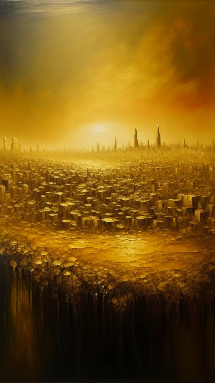 oil painting of a city of gold That lies in the deep distance