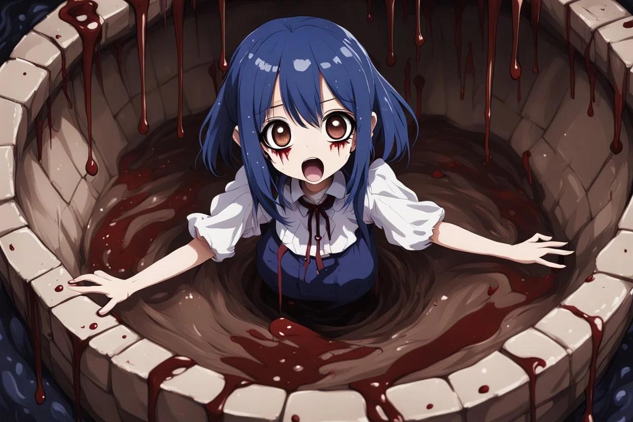 Anime girl with big eyes, darkblue and sepia tones, fullbody, slime, the perspective looking up from the bottom of an empty well, rolling eyes, tongue out, blood drip, open mouth,