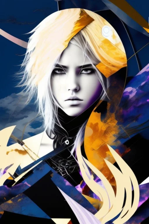 Explosive abstract collage style image of a beautiful anime warrior girl, beautiful blond hair and features, dramatic, pieces of cloth material, textured moon in background, bob wire, gothic surroundings, textures