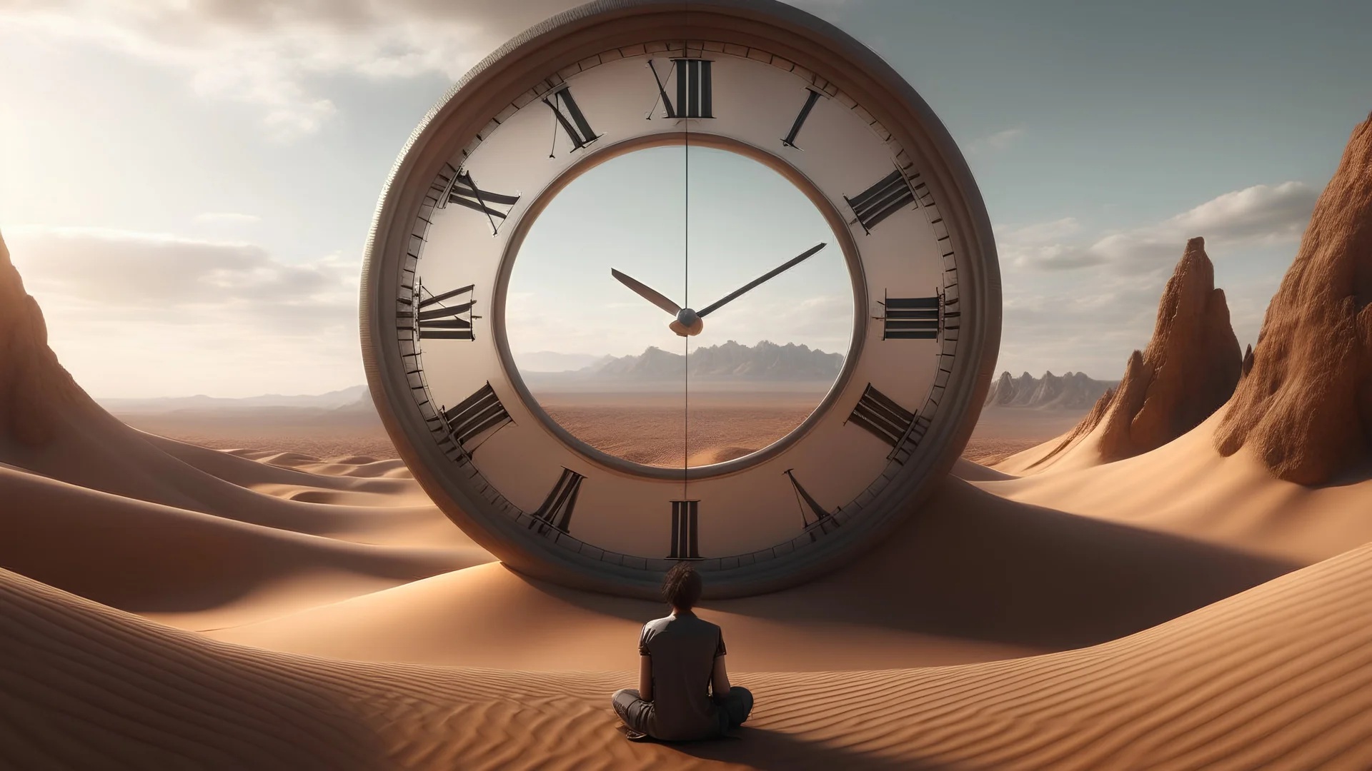 A person sitting inside a gigantic clock in a surreal desert landscape