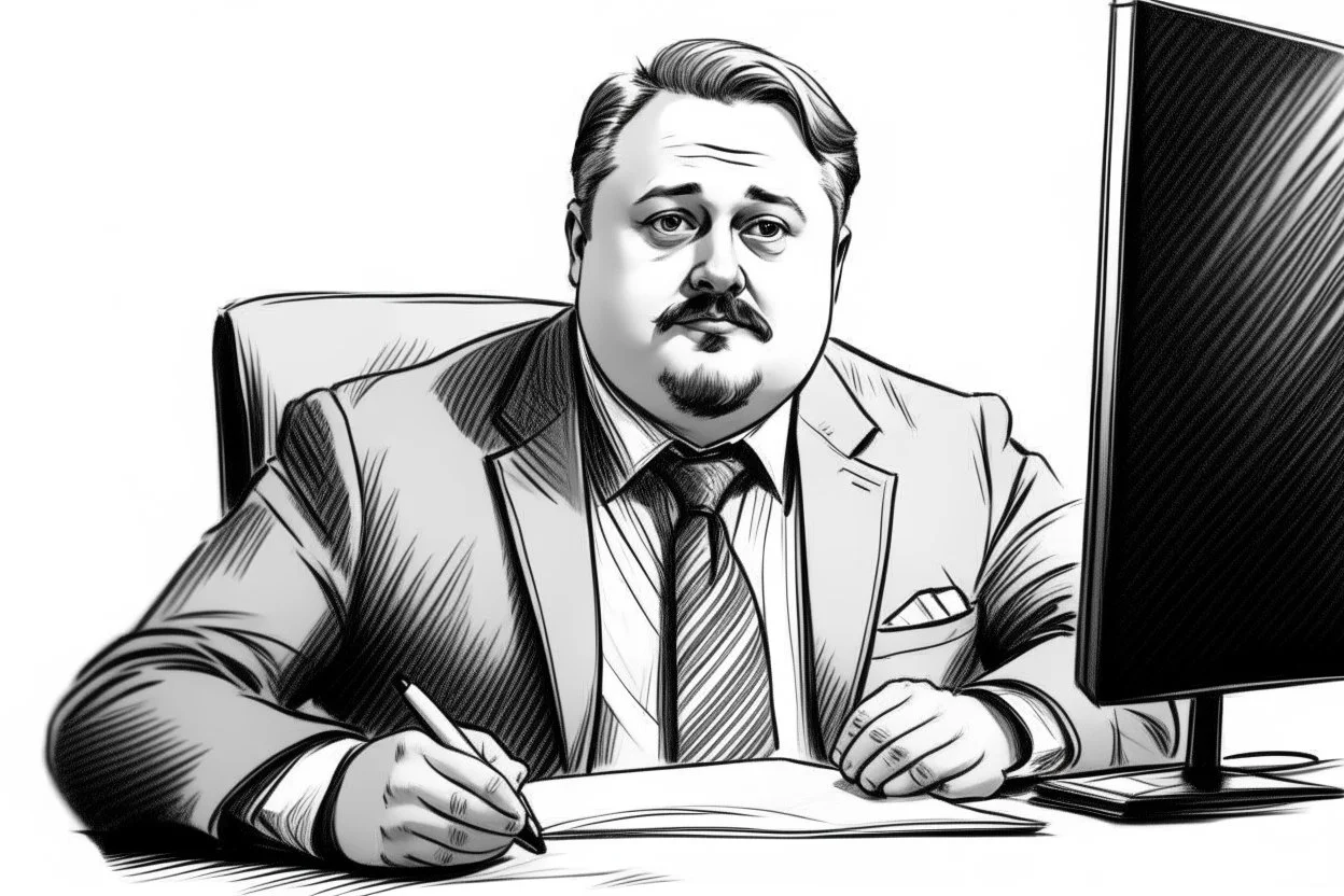 chubby russian man sitting at desk, portrait, speech, nametag, glasses, goatee, short hair, mustache, suit; caricature style, sketch art; black and white; grayscale, pencil drawing