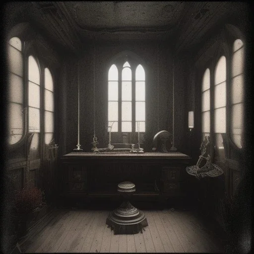 on old church interior, scary, steam punk, realistic, made in octane, cinematic, ultra-realistic, extremely detailed octane rendering, 8K, VRAY Super Real ar 2:3, dof photorealistic futuristic 50mm lens hard lighting dark gray tintype photograph, realistic lighting, sepia color