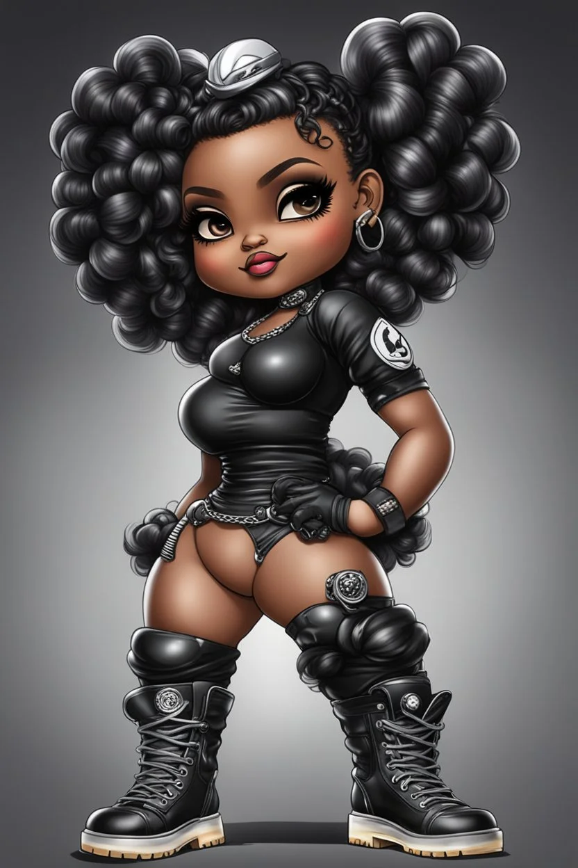 create an airbrush illustration of a chibi cartoon voluptuous black female wearing a black and silver outfit with timberland boots. Prominent make up with hazel eyes. Extremely highly detailed of a long wavy ombre bantu knots. Background of a bike show