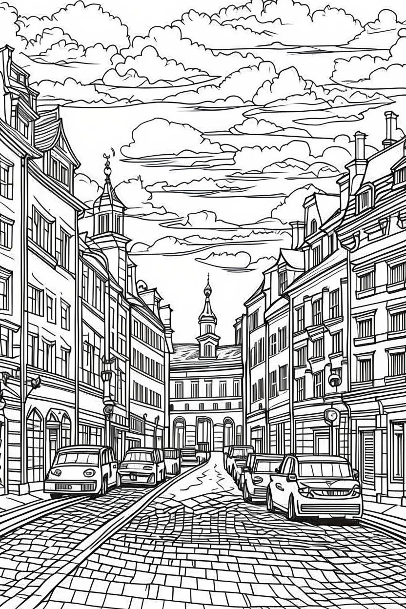 outline art for poland city for adults with poland street , white background, Sketch style, only use outline. clean line art, no shadows and clear and well outlined, many Patterns and Details, realistic