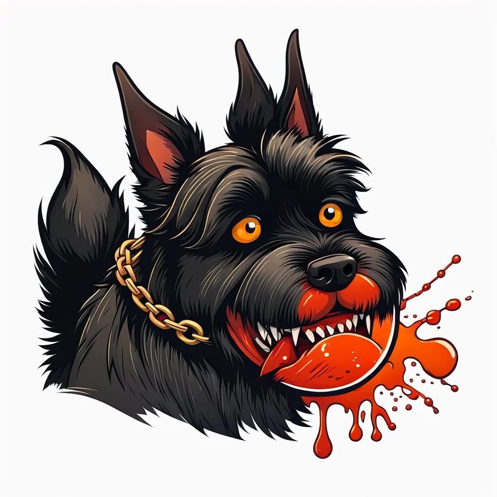 head of angry Scottish Terrier dog, facing left, with blood shot eyes and bloodied teeth and bushy fur, an orange color ball chain collar around neck, vector