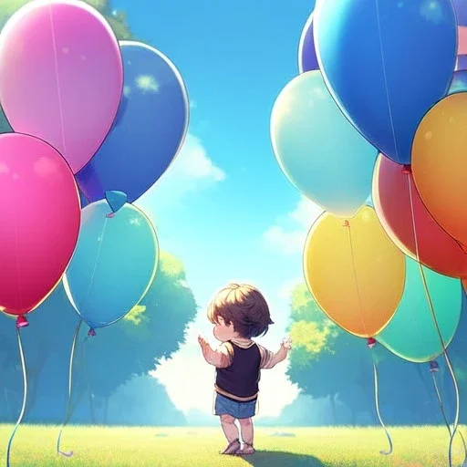 yound anime child letting go of a balloon, looking up into the sky at the baloon