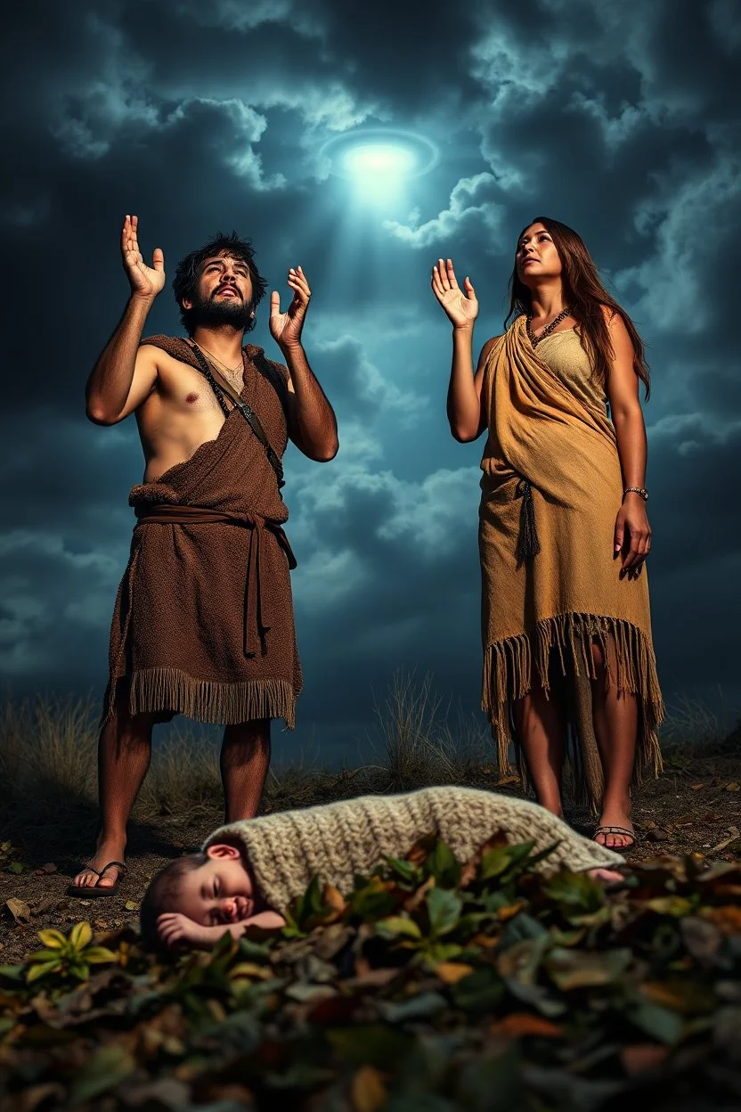 A Stone Age man and his wife crying ,wearing an animal skin cloths standing with anger , looking up to the sky , raising both hands up like prayer. His baby hwho is laying dead on the ground covered with leaves, A cloudy stormy behind a dim lighting of ufo light n the sky,4k, dramatic scene,