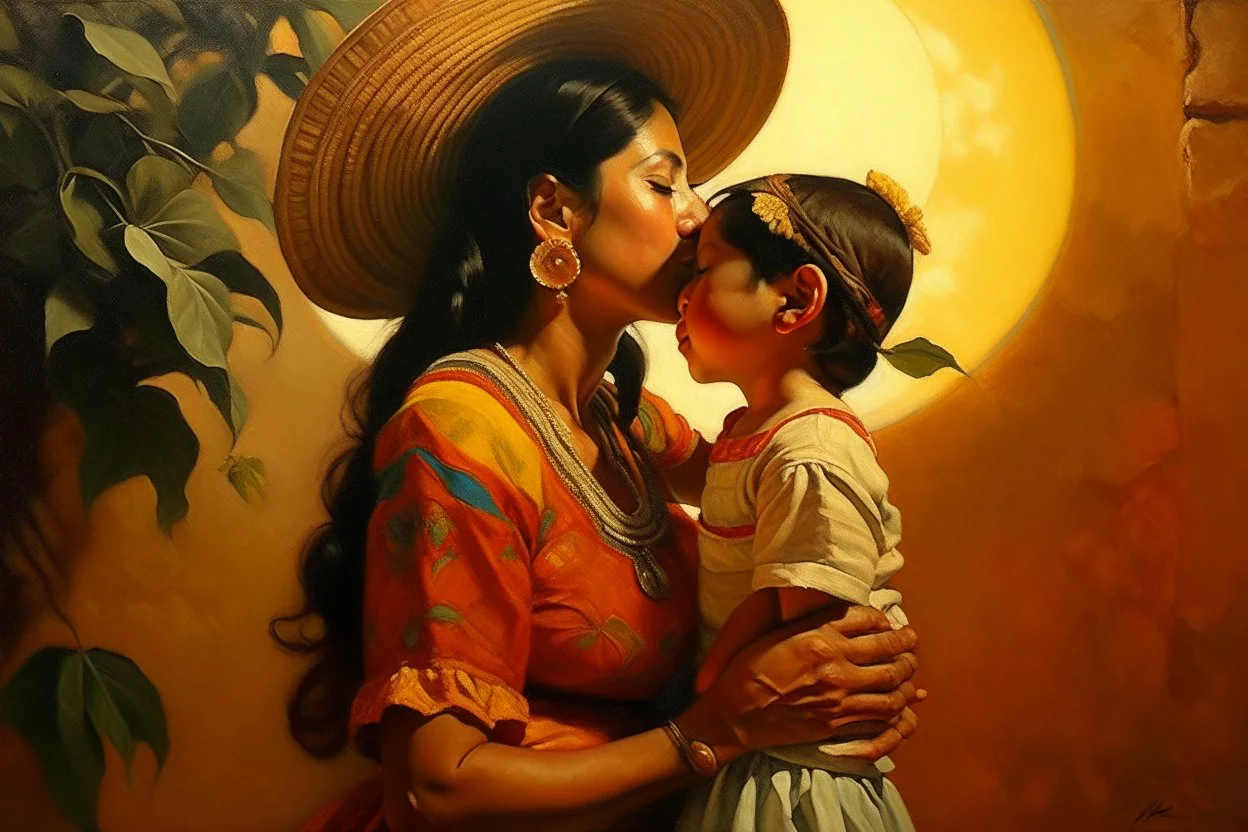 mexican woman and child kissing painting neoclassism whole body zoom the sun