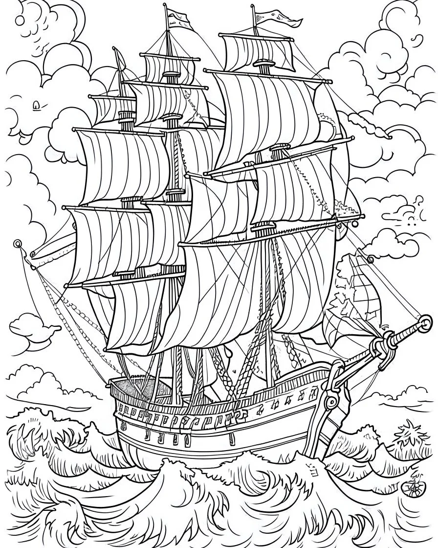 Pirate Ship Adventure: Design a coloring page showcasing a majestic pirate ship sailing through rough seas. Include elements like billowing sails, Jolly Roger flag, and crashing waves for an exciting coloring challenge.