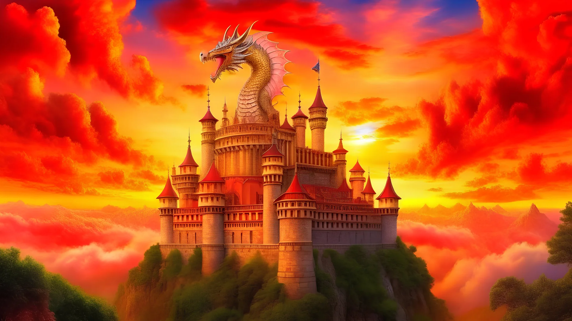 beautiful white, silver, and gold castle sitting on (((sunset colored clouds))), with dragons flying around the castle and the (((beautiful sunset sky))) has a bright shining color