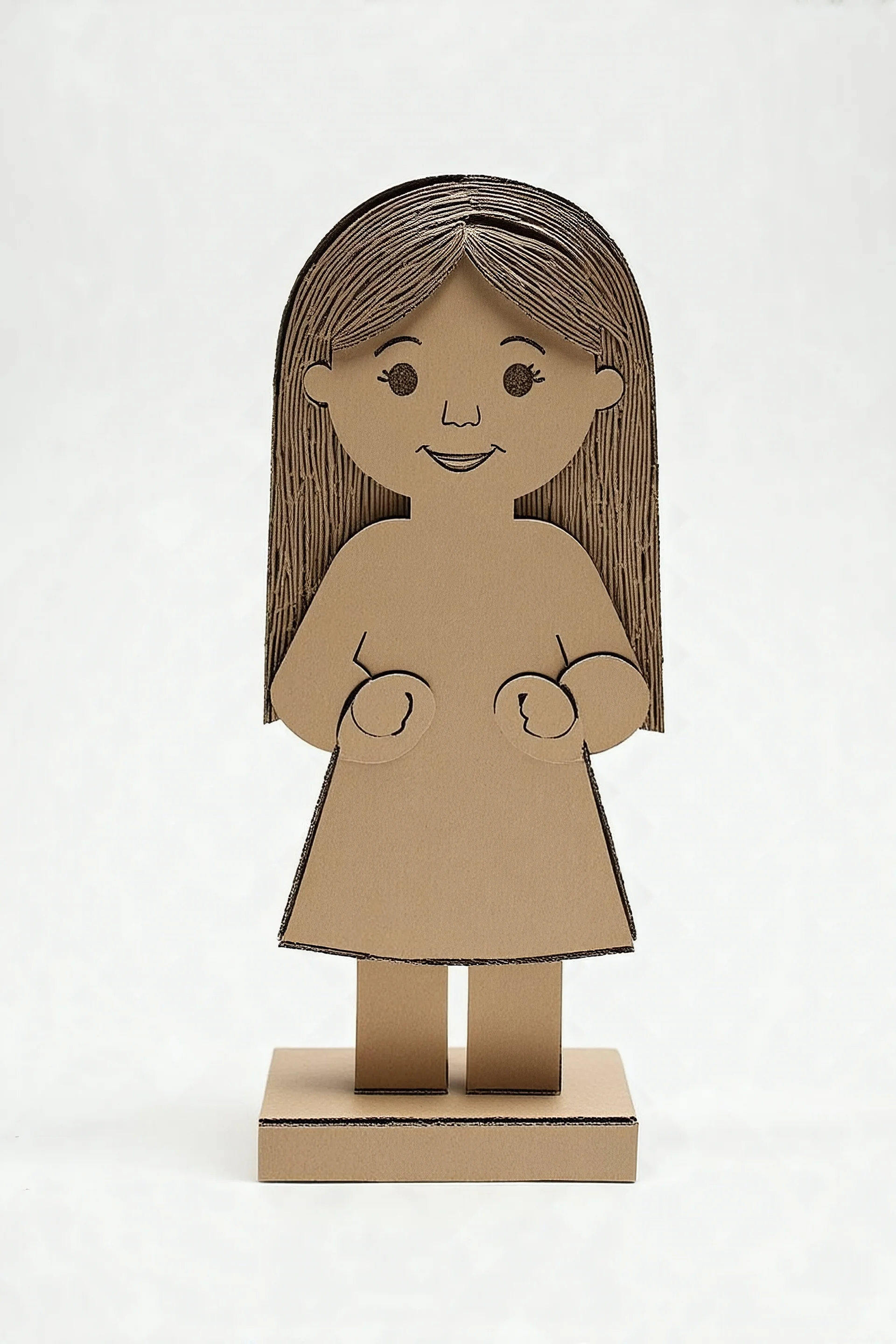 Sculpture en cartons d'emballage, petite fille aux cheveux longs, fond blanc