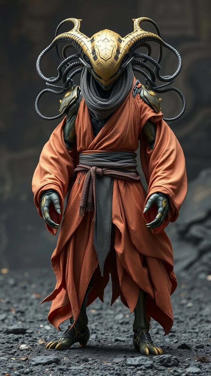 A centering dynamic view action showcasing the fusion of figma and Neumorphic elements, depicting a fully fantasy of an alien Its intricate mechanisms are driven by interlocking robes and complex fabrics casual outfit embedded throughout its massive figma frame. Stance on black mechtech battlefields abandone Dojo. no camera