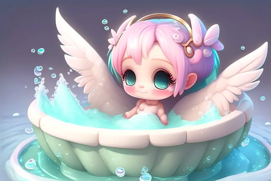 cute anime chibi fairy in the bathtube in foam bath