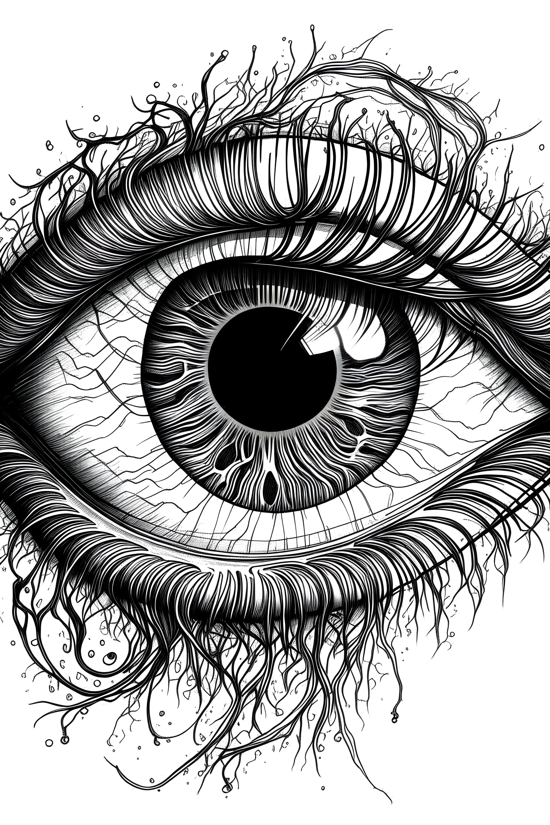 A realistic drawing in negative space black ink on white background of the eye of God with very defined and anatomical correct details