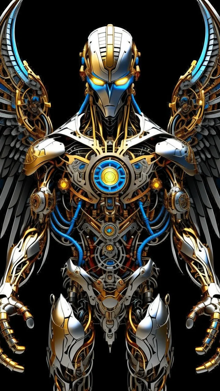 Facing front mechanical cyborg l Superman straddle wings detailed, intricate, mechanical, gears cogs cables wires circuits, gold silver chrome copper