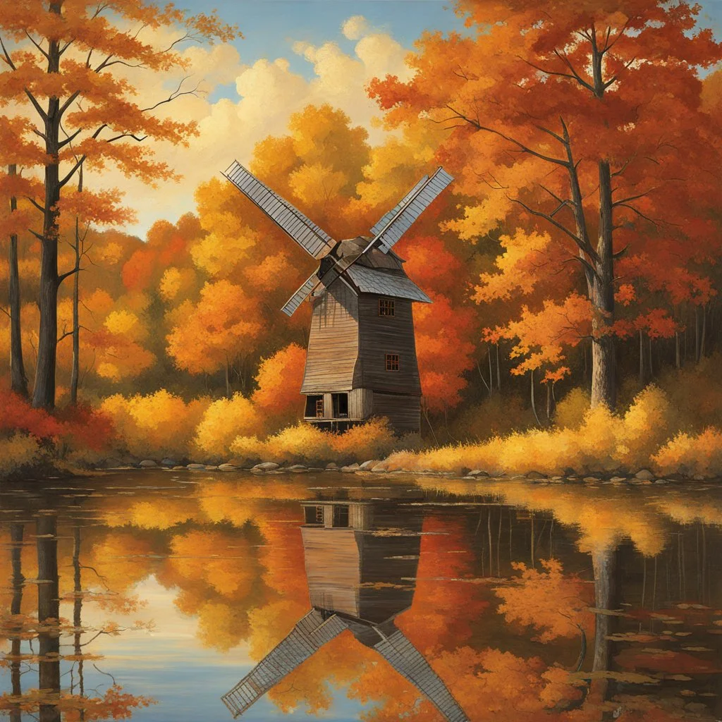 rustic windmill on banks of a still pond in autumn forest, reflective, New England autumn foliage, by Norman Rockwell and Brian Skerry, artistic, impressionism, oil painting, amazing perfect reflection, artistic, concept art, natural lighting, beautiful, scenic