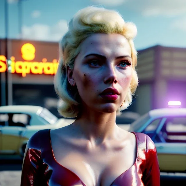 Ultra Realistic retro sci-fi, explosion Supermarket parking scene, 1960 year, blonde mastery woman, sweet scarlet Johansson face, perfect iris, glow eyes, face makeup, tight latex coat; many panic people, Retro sci-fi style, soft color, highly detailed, unreal engine 5, ray tracing, RTX, lumen lighting, ultra detail, volumetric lighting, 3d, finely drawn, high definition, high resolution.