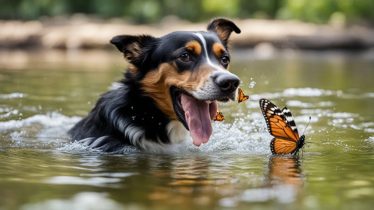 laughing dog in the water playing with butterfly