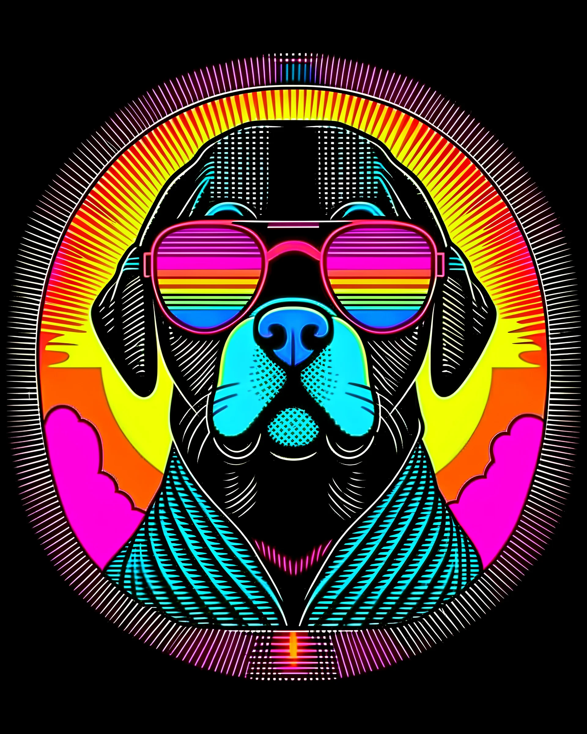 t-shirt design, labrador wearing sunglasses, retro sunrise, synthwave