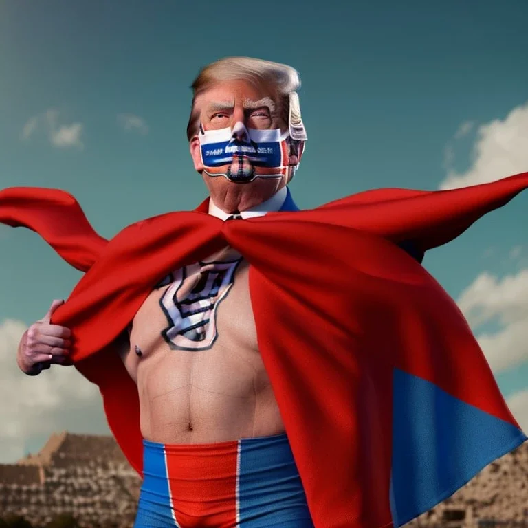 realistic image of donald trump as a mexican wrestling fighter posing outdoors, Mexican eyes wrestling mask, red and blue breeches, confederate flag cape, naked torso, retro style, 80s, vibrant color, highly detailed, sky background, concept art, unreal engine 5, god rays, ray tracing, RTX, lumen lighting, ultra detail, volumetric lighting, 3d, finely drawn, high definition, high resolution.