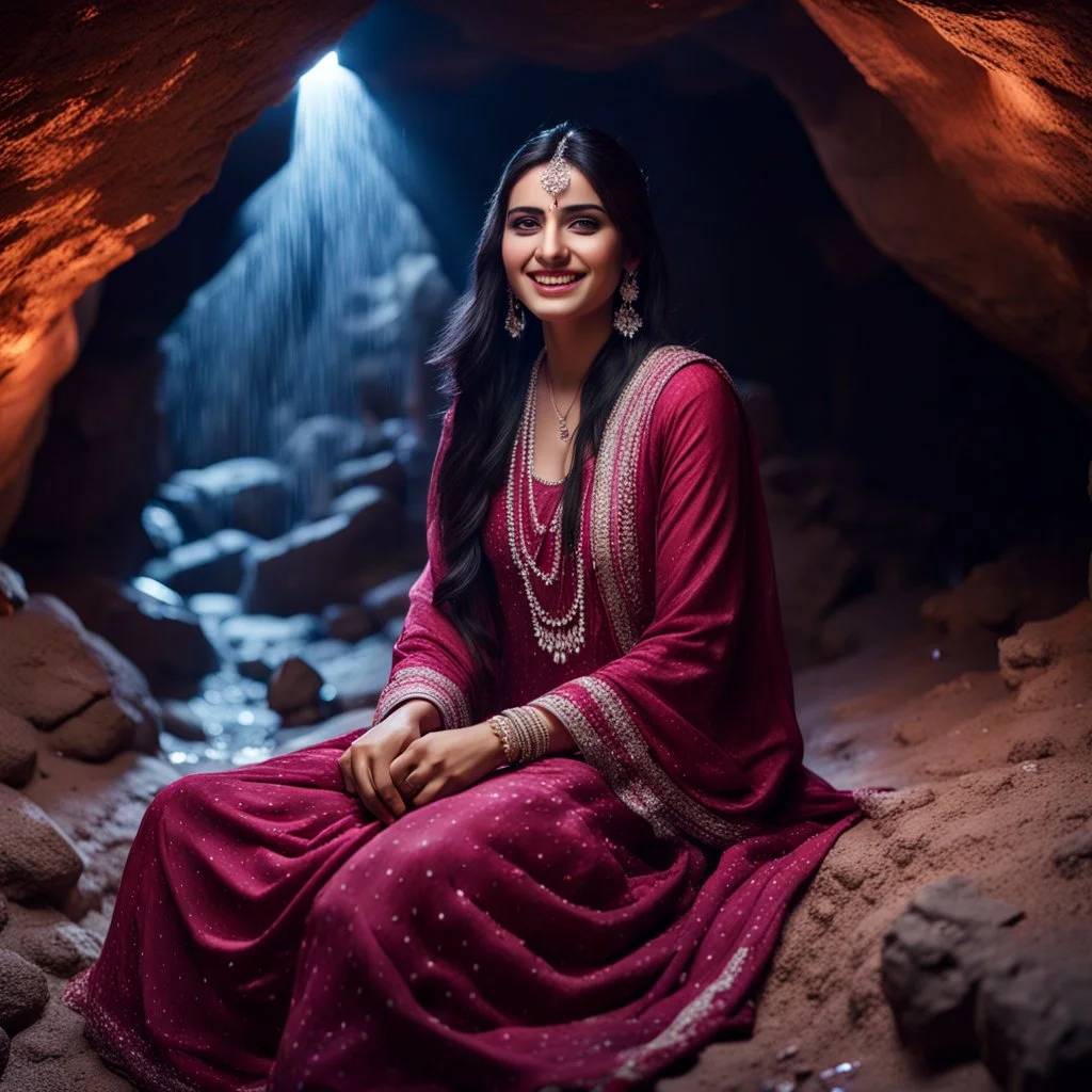 Hyper Realistic Photographic Outside View Of A Gorgeous Pashto Girl (Wearing Simple Burgundy Colored Dress With White Embroidery & Wearing Pink Dupatta On Her Neck) Happily Sitting & Smiling Boldy In A Cave & Showing Her Long Black Hair With Glowing Big Crystals, With Heavy Rain Outside Cave At Dark Night Showing Dramatic & Cinematic Ambiance.