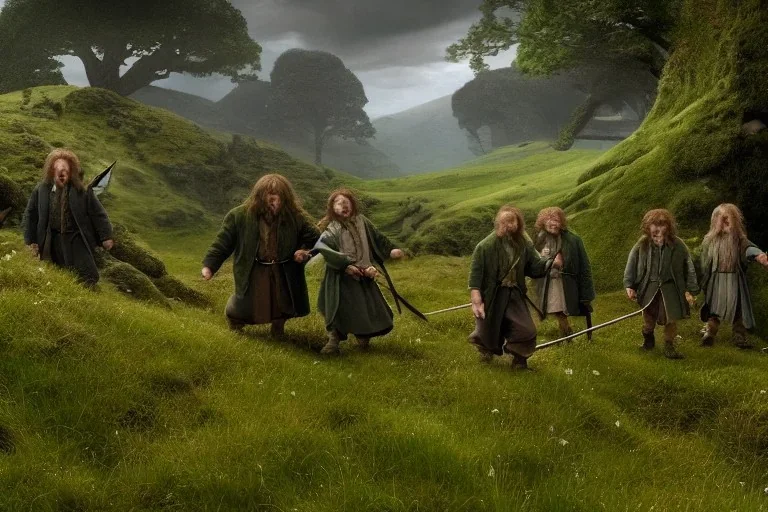 Hobbits in the shire, beautiful scenic landscape, lord of the rings, higly-detailed symmetric faces, wide angle, super highly detailed, professional digital painting, artstation, concept art, smooth, sharp focus, no blur, no dof, extreme illustration, unreal engine 5, photorealism, hd quality, 8 k resolution, cinema 4 d, 3 d, beautiful, cinematic, art by artgerm and greg rutkowski and alphonse mucha and loish and wlop