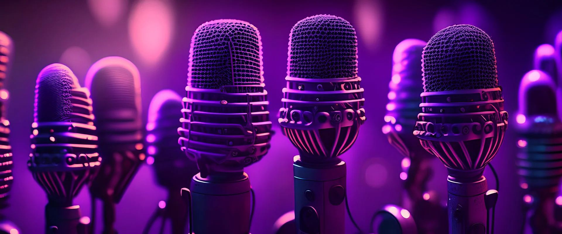 an array of a huge old school microphones, purple tones, dreamy, psychedelic, 4k, sharp focus