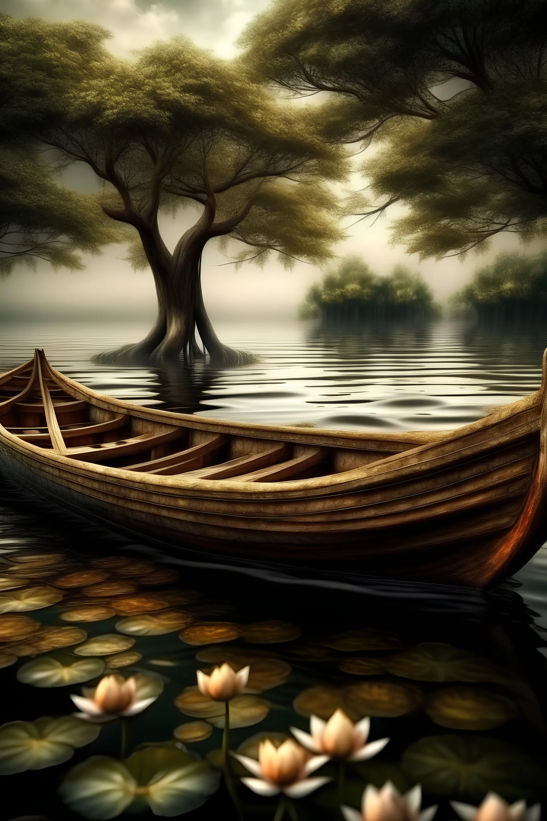 landscape Super wide , Wooden boat, Lotus , Huge waves,, tree deep on silky water lake