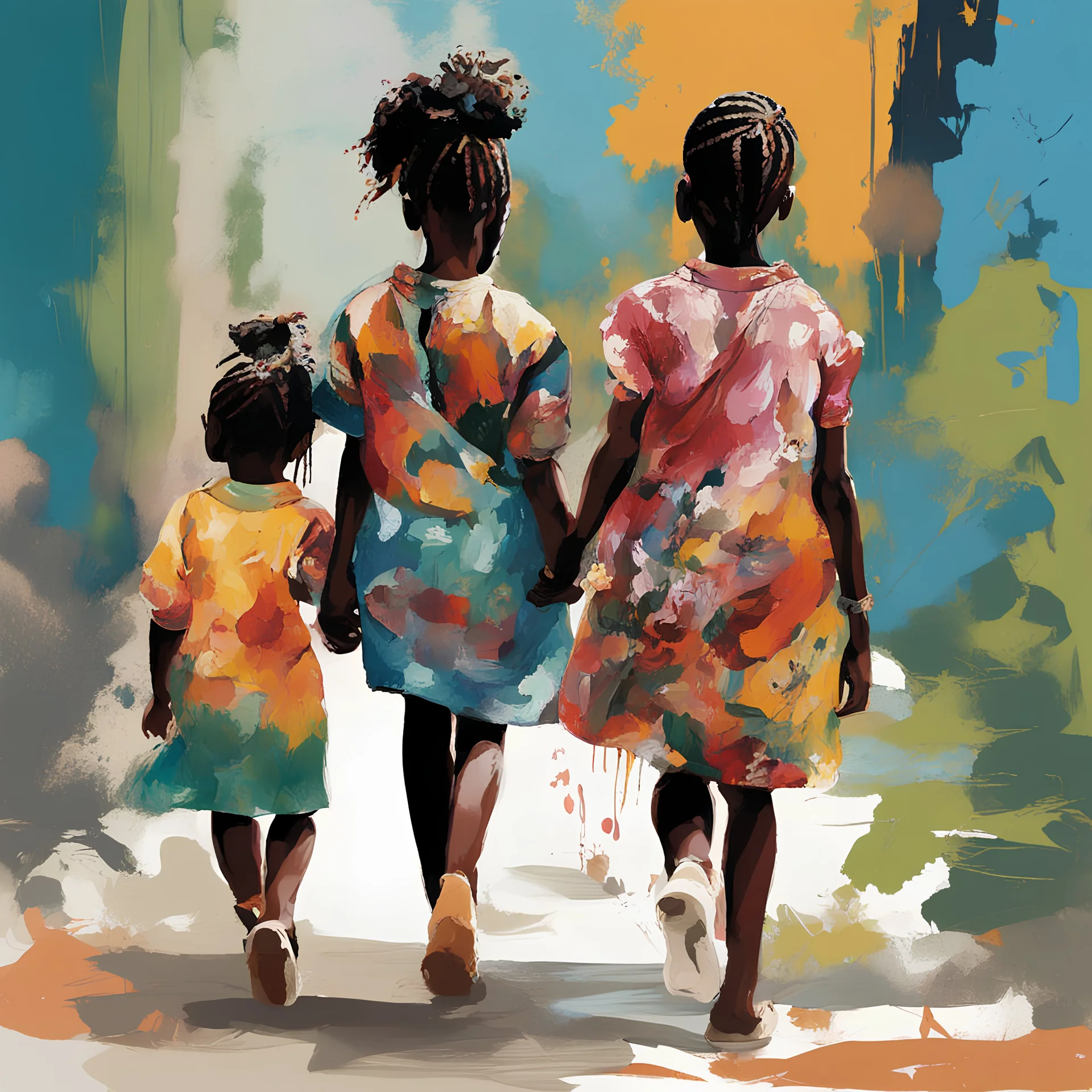 3 in brightly coloured floral shirts, African little girls walking together, braided hair,Speedpaint_with_large_brush_strokes_and paint splatter by , njideka akunyili splash, Paint Strokes, minimalist illustration