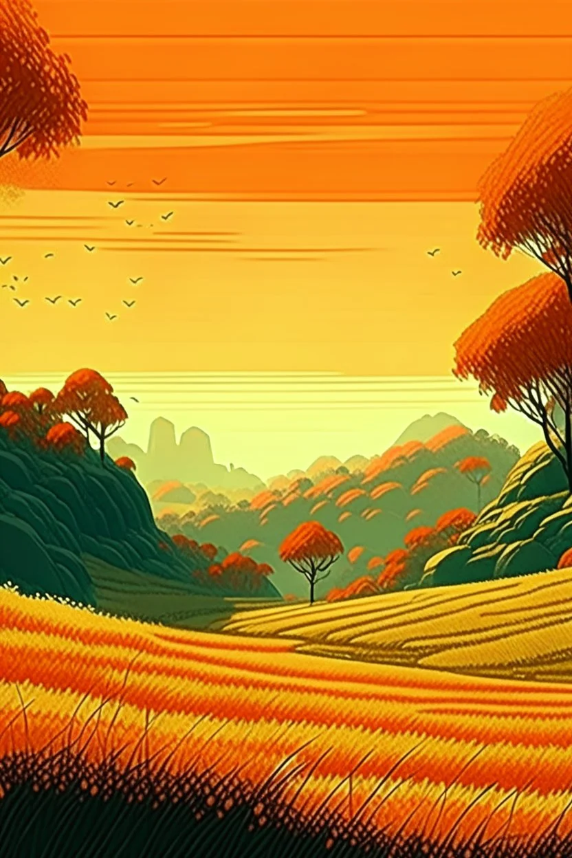 Rice field，Trees，Warm color palette，Animation，cliff