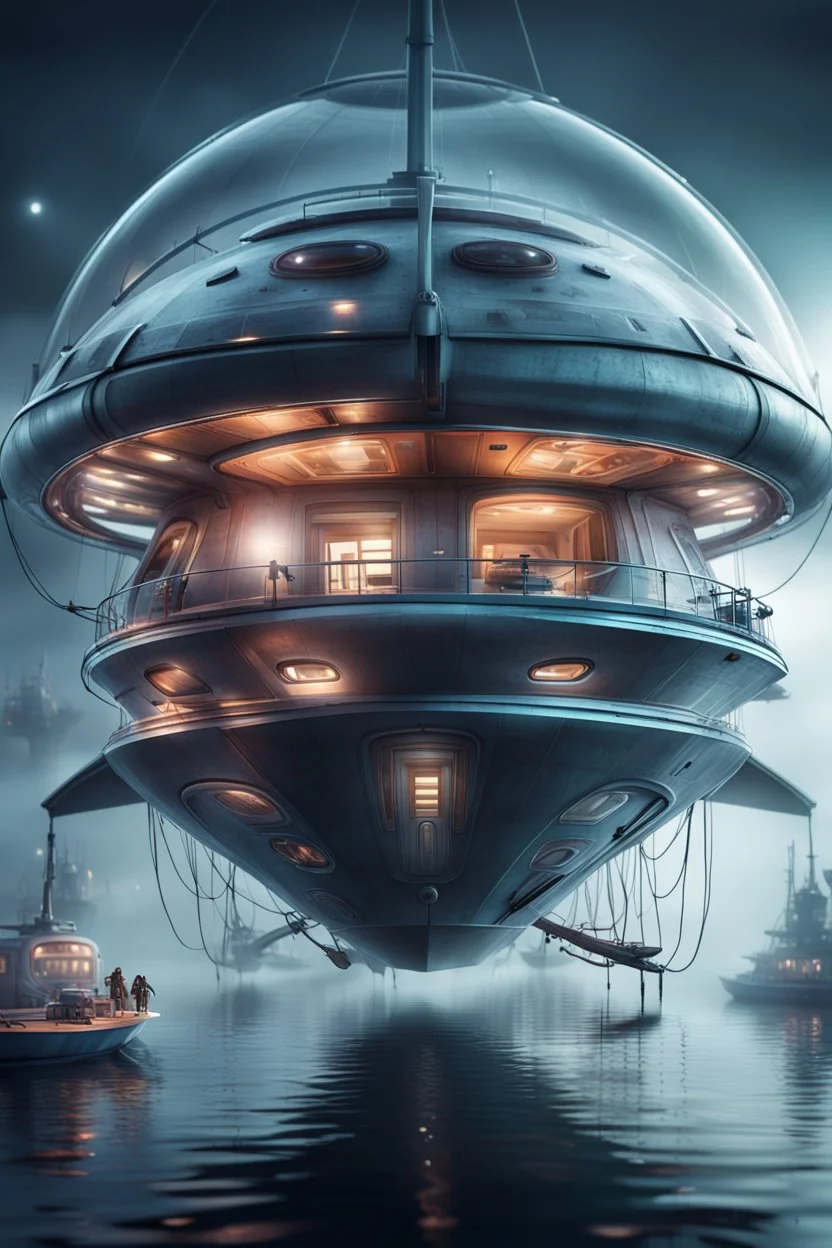 weird boat with supports flotillas to keep it stable, book cover pen illustration, portrait of captain on a misty catamaran dome modular house sub that looks like a dark twisted alien space ship with spotlights, in advanced hi tech dock, bokeh like f/0.8, tilt-shift lens 8k, high detail, smooth render, down-light, unreal engine, prize winning