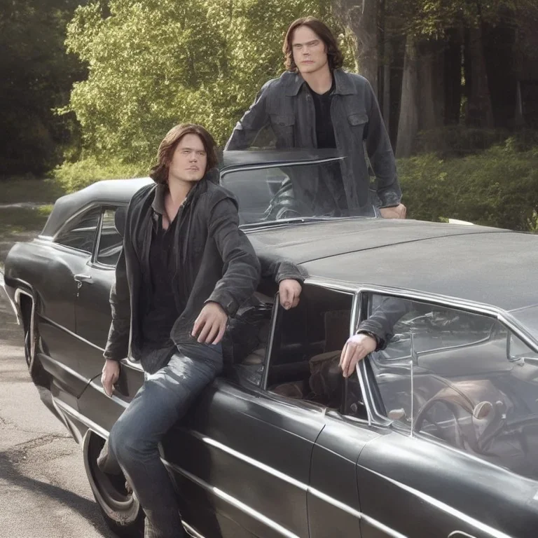 Sam Winchester from Supernatural realistic in a black 1967 chevrolet impala's drivers seat