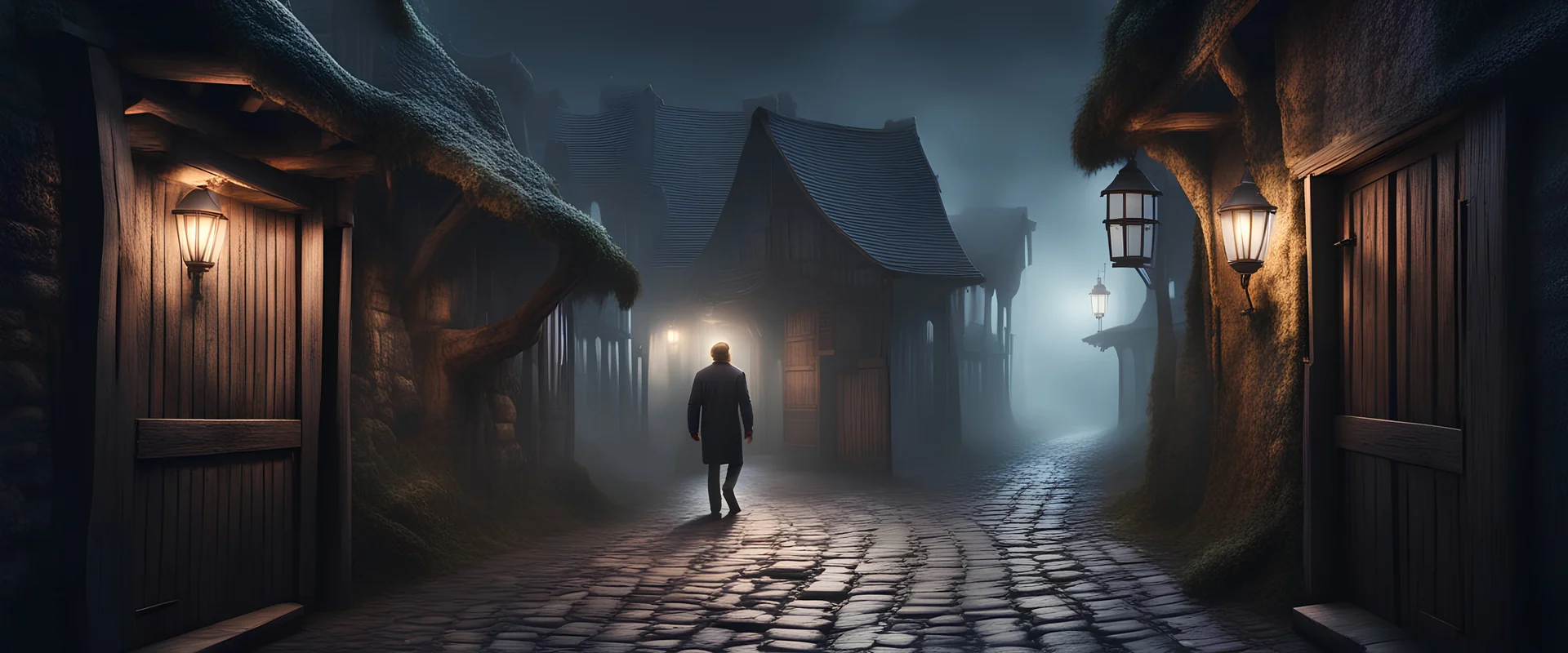 Hyper Realistic man walking between a prehistoric narrow street with ancient wooden houses gates at dark foggy night