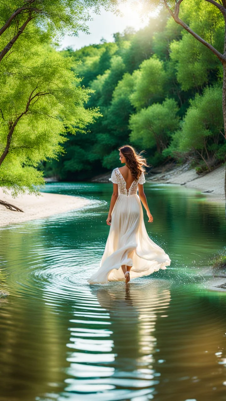 beautiful girl in pretty dress walking in water toward camera in trees next to wavy river with clear water and nice sands in floor.camera capture from her full body front