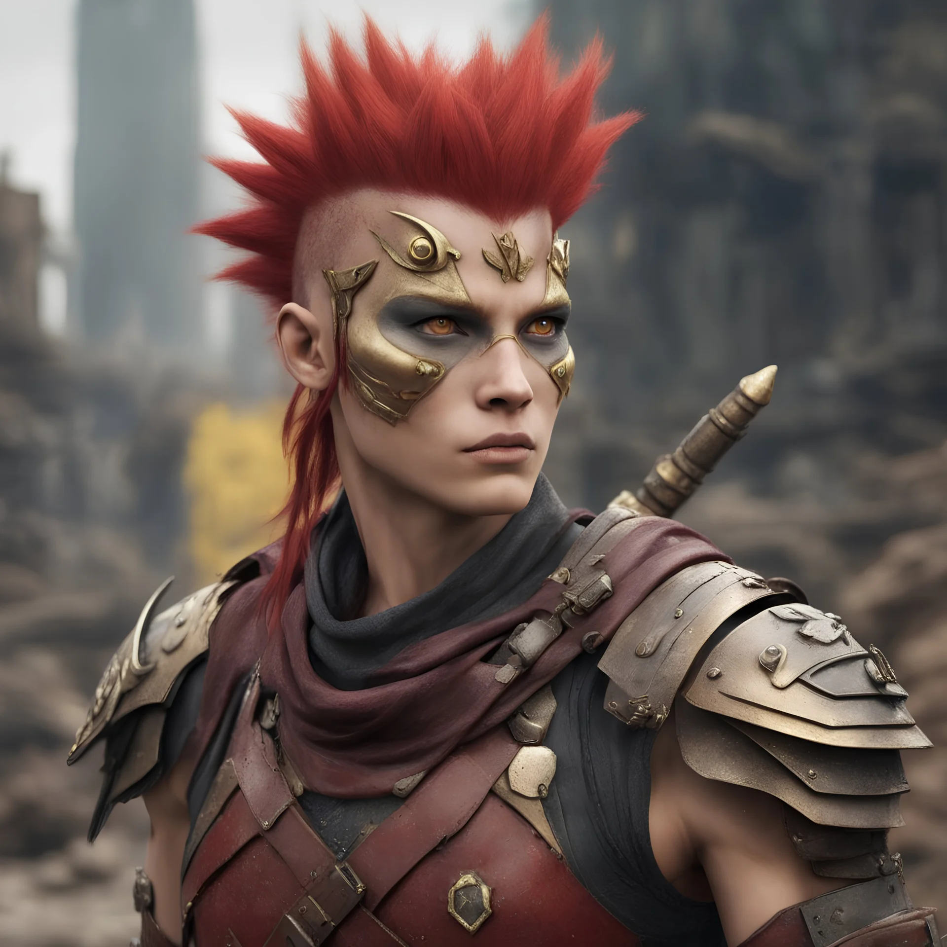 darkredhead, ganja warrior, man in a post apocalyptic, dystopian world, hyperrealistic movie setting, skin color: darker red, Eye color: wolf yellow gold, Hair color dark red, haircut: mohawk Armor ninja, Facial features: north american nativ, elfin ears