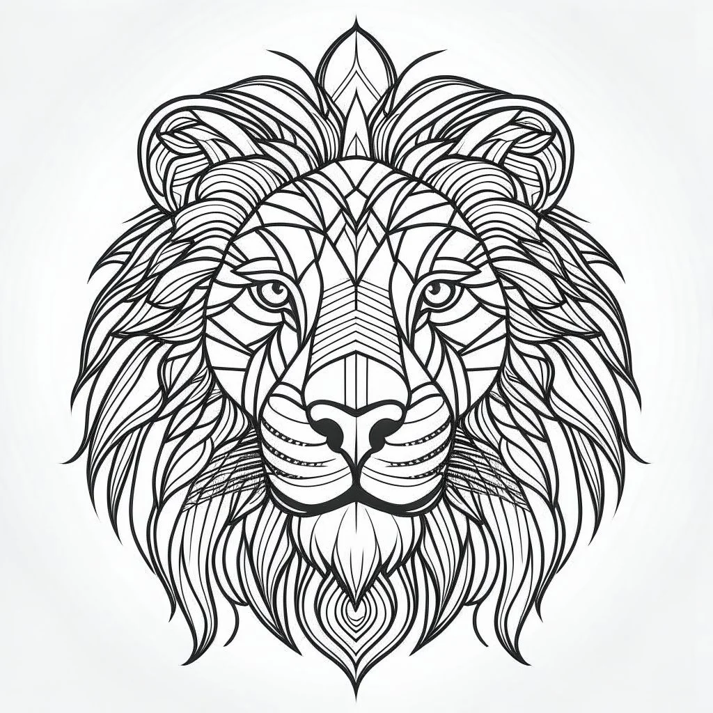 Lion, front face view, minimal lines, cartoon, mandala, white back ground color, real style, realistic, minimalistic, minimal black line art, line art, crisp line art, unique coloring sheet, outlined, outline, crisp, crisp line edges, illustration, thin lines, crisp clear lines, line art, clean line art, unique, 8k, amazing, masterpiece, no colors, no dark color, no black color, avoid thick black, minimalistic line edges, pure white back ground, image character full fit to page,