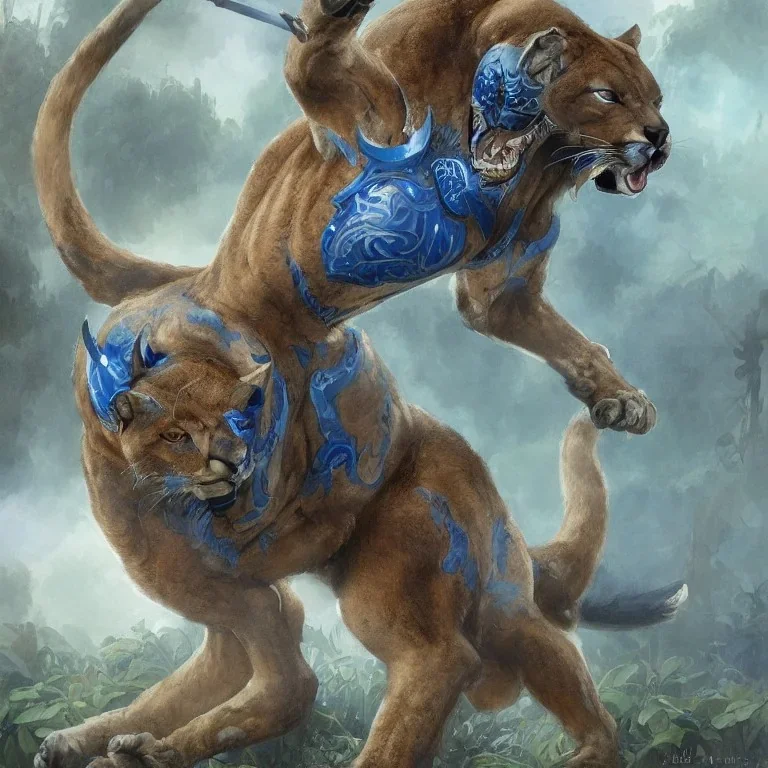 A Fantasy painting of an angry cougar in full blue and white armor, Inka jungle background, American football on ground, highly detailed, digital painting, Artstation, concept art, matte, sharp focus, illustration, dramatic, art by artgerm and greg rutkowski and alphonse mucha