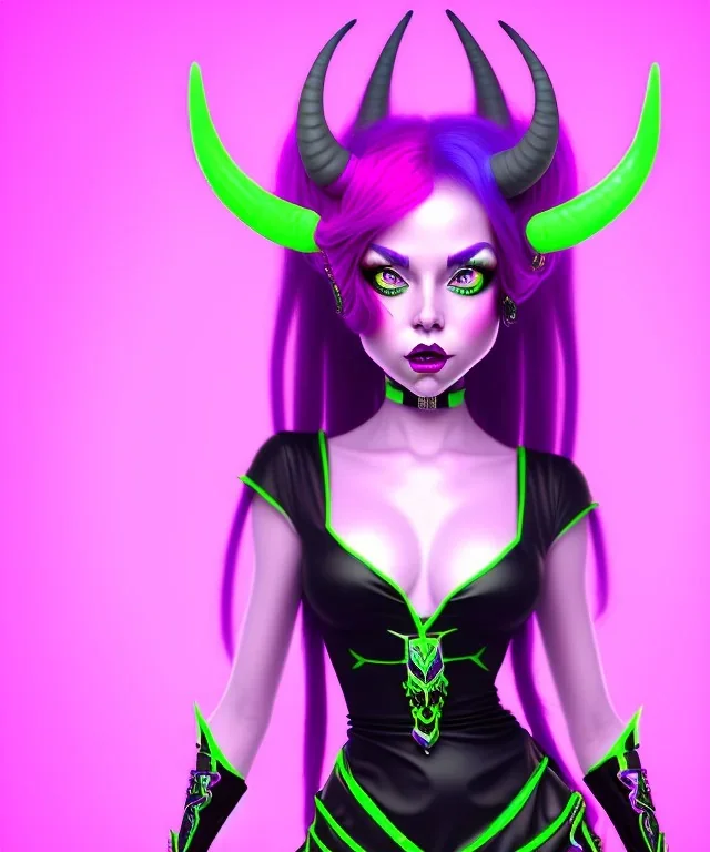 cute purple haired devil girl with bright green eyes and black horns on her head wearing a purple/pink dress