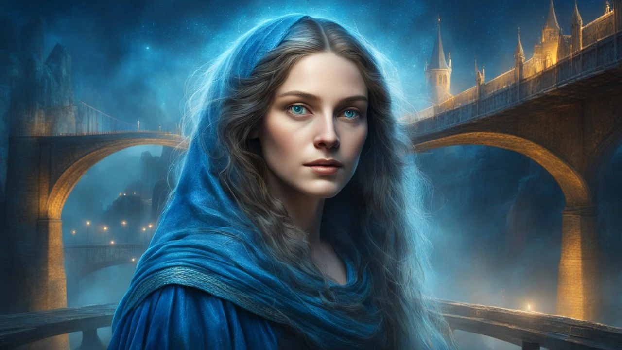 Old canvas, Portrait of a Medieval beautiful woman, loose hair, fantasy, night, fog, blue, city, bridge, sparkles, fine rendering, bright colors, high resolution, 3D, clear lines, photorealism,