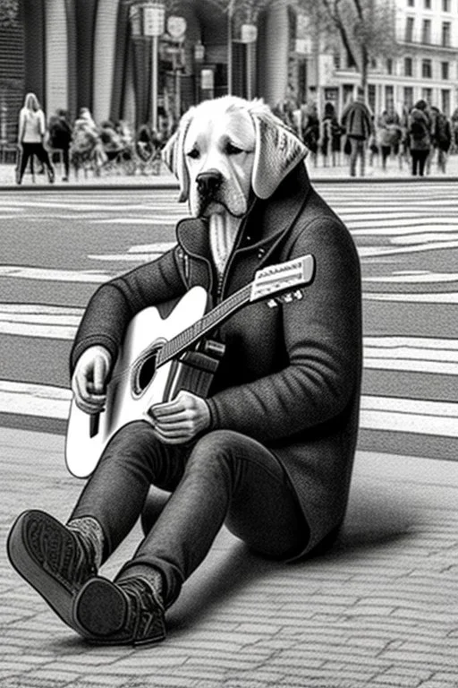 One single mature human, dog sitting beside, playing guitar in the street , Vienna, friendly, model style, hyper realistic, extremely accurate, delicate, extremely detailed, Graphic novel style, wide-angle, open aperture, superfine pencil