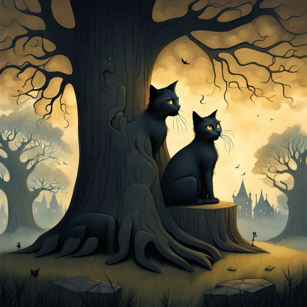 a painting of a cat sitting in front of a tree, a storybook illustration by Gediminas Pranckevicius, featured on deviantart, gothic art, ominous vibe, storybook illustration, dark and mysterious