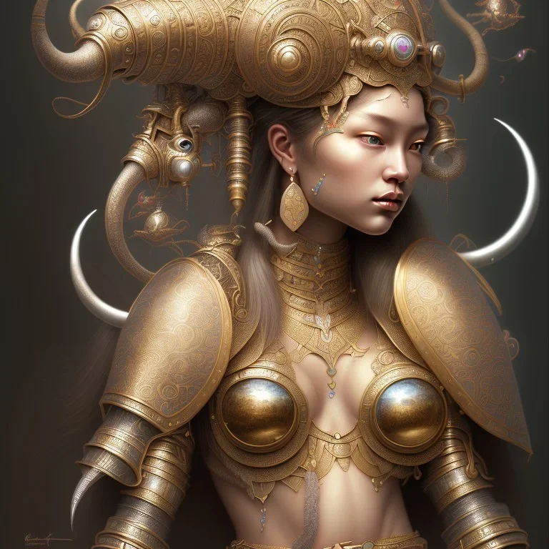 Sango fantasy, fantasy magic, intricate, sharp focus, illustration, highly detailed, digital painting, concept art, matte, art germ and Paul Lewin and Kehinde Wiley, masterpiece silver elephant head bronze Buddha Asian African girl nice breast Hawaiian hair turquoise golden waves