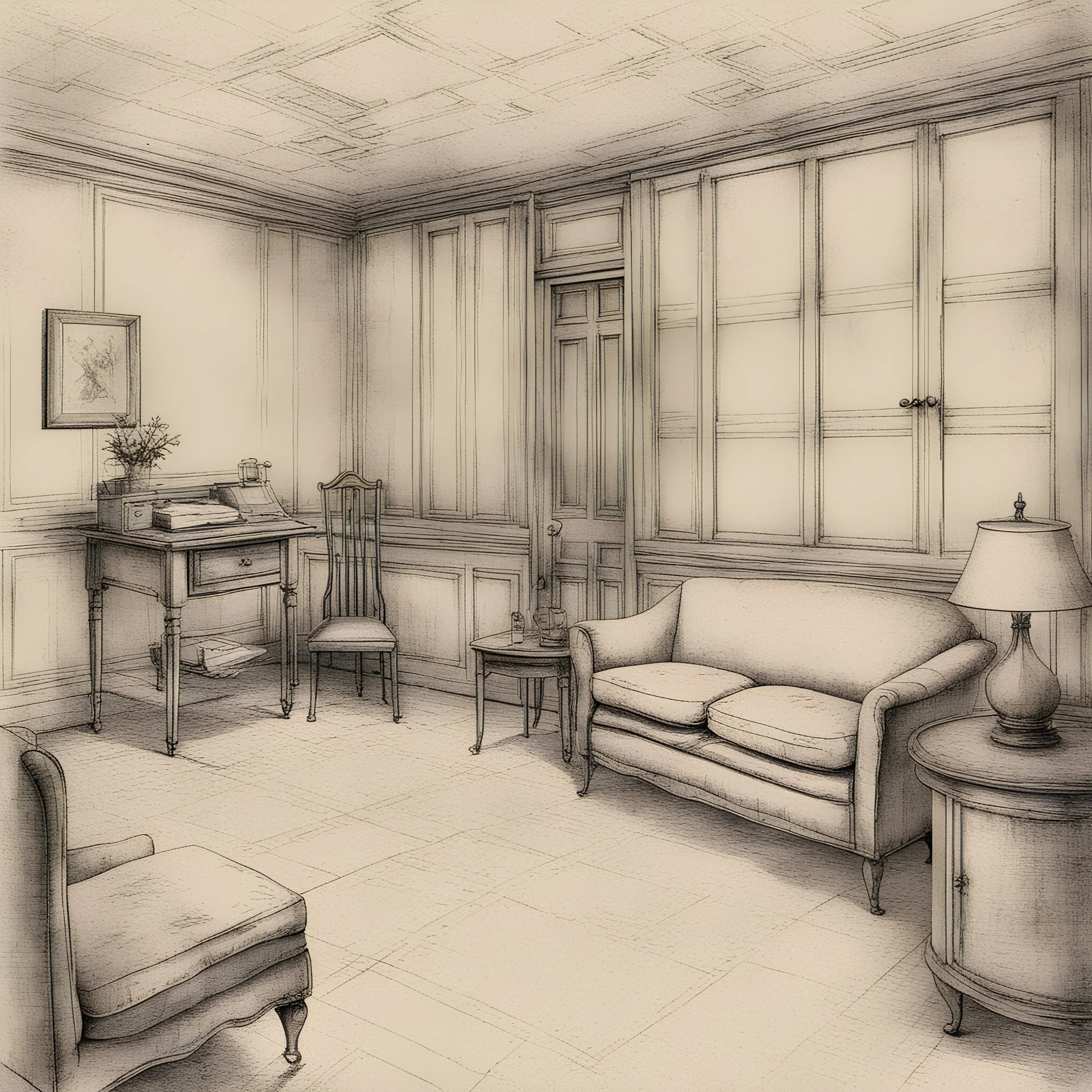 blueprint, one room, plan, illustration, aged, WITH FURNITURE